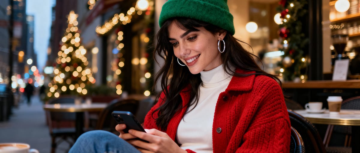 Une femme est assise dans un café avec son téléphone mobile et sourit.