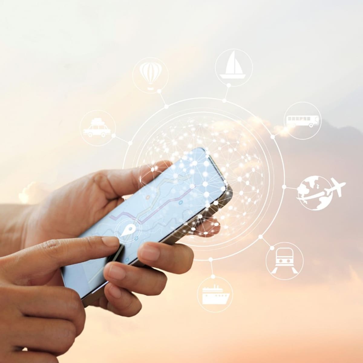 Hand with cell phone and travel network symbols